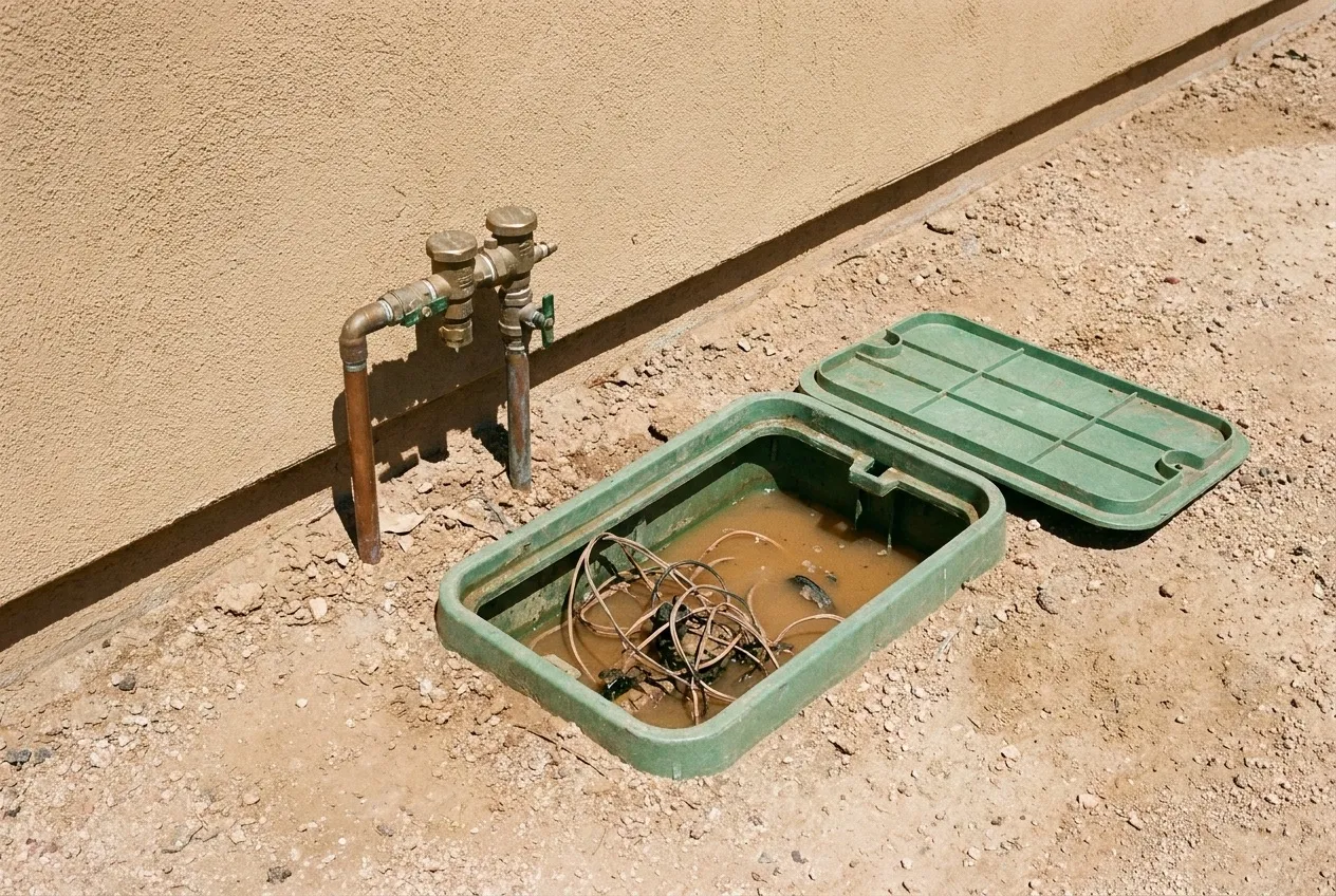 An open irrigation valve box holds muddy standing water beside a backflow preventer outside a Phoenix home.