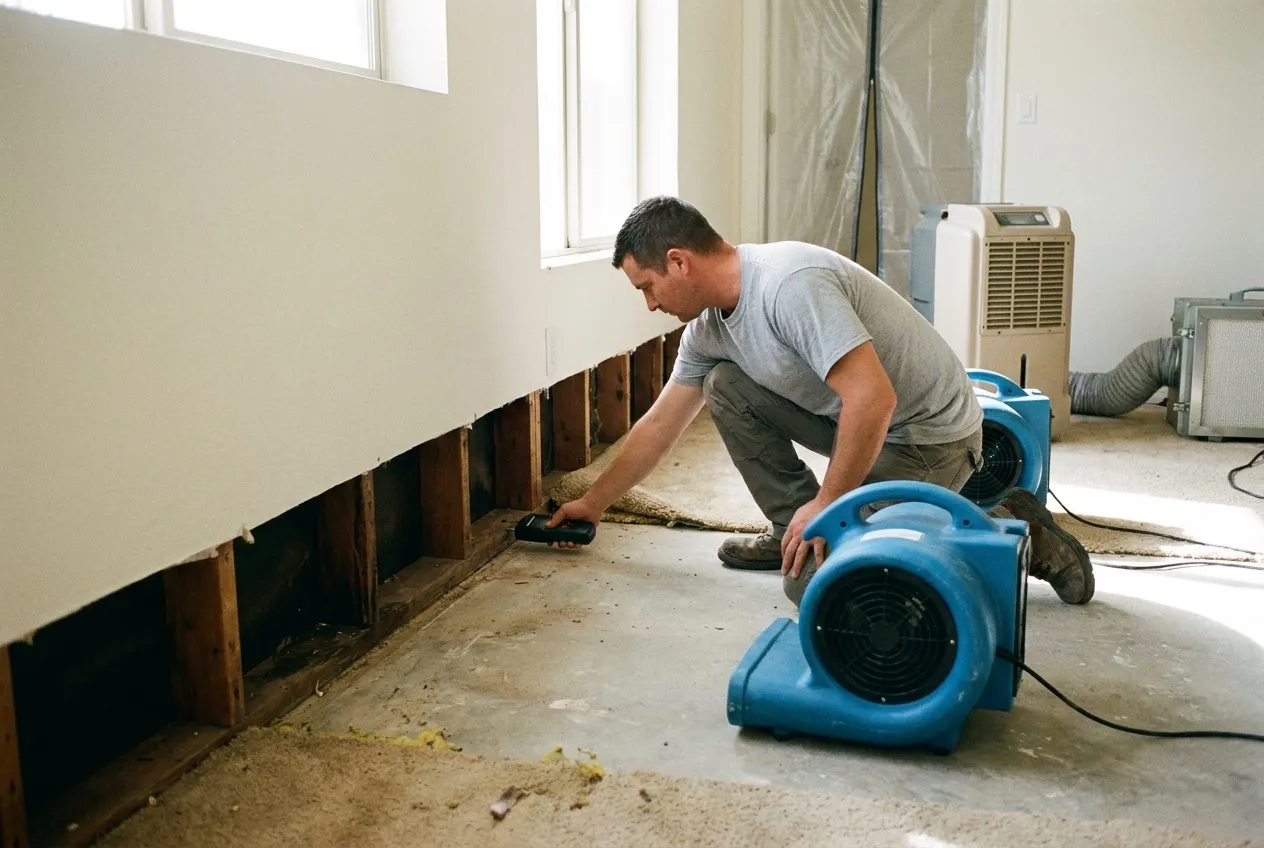 Air movers dry an exterior wall base in a Phoenix home after an irrigation leak while a technician checks the bottom plate.