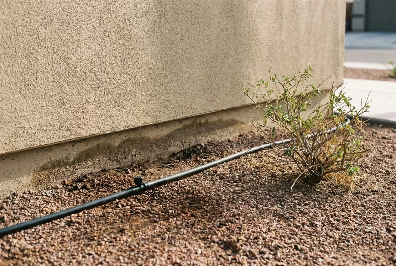 Drip tubing and an emitter sit against a Phoenix stucco wall where a dark damp band stains the base of the wall.