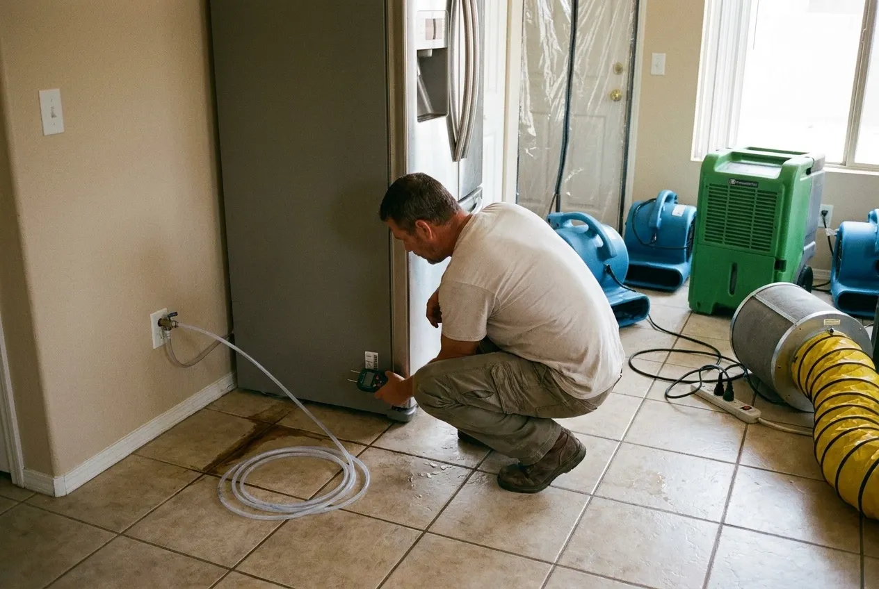A technician takes a moisture reading beside a refrigerator where the ice maker's water line left a wet streak across the tile floor.