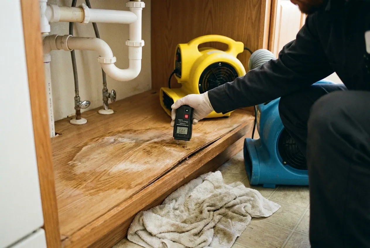 A pin moisture meter rests on the swollen, water-stained floor of a kitchen sink-base cabinet beneath the supply lines and drain.