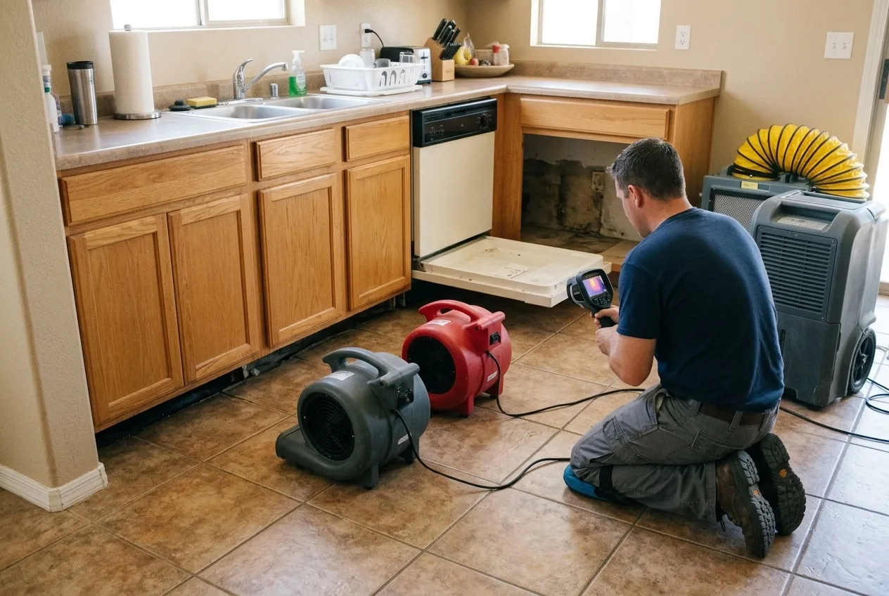 A technician scans the dishwasher opening with a thermal camera while air movers run in front of base cabinets with the toe kicks removed.