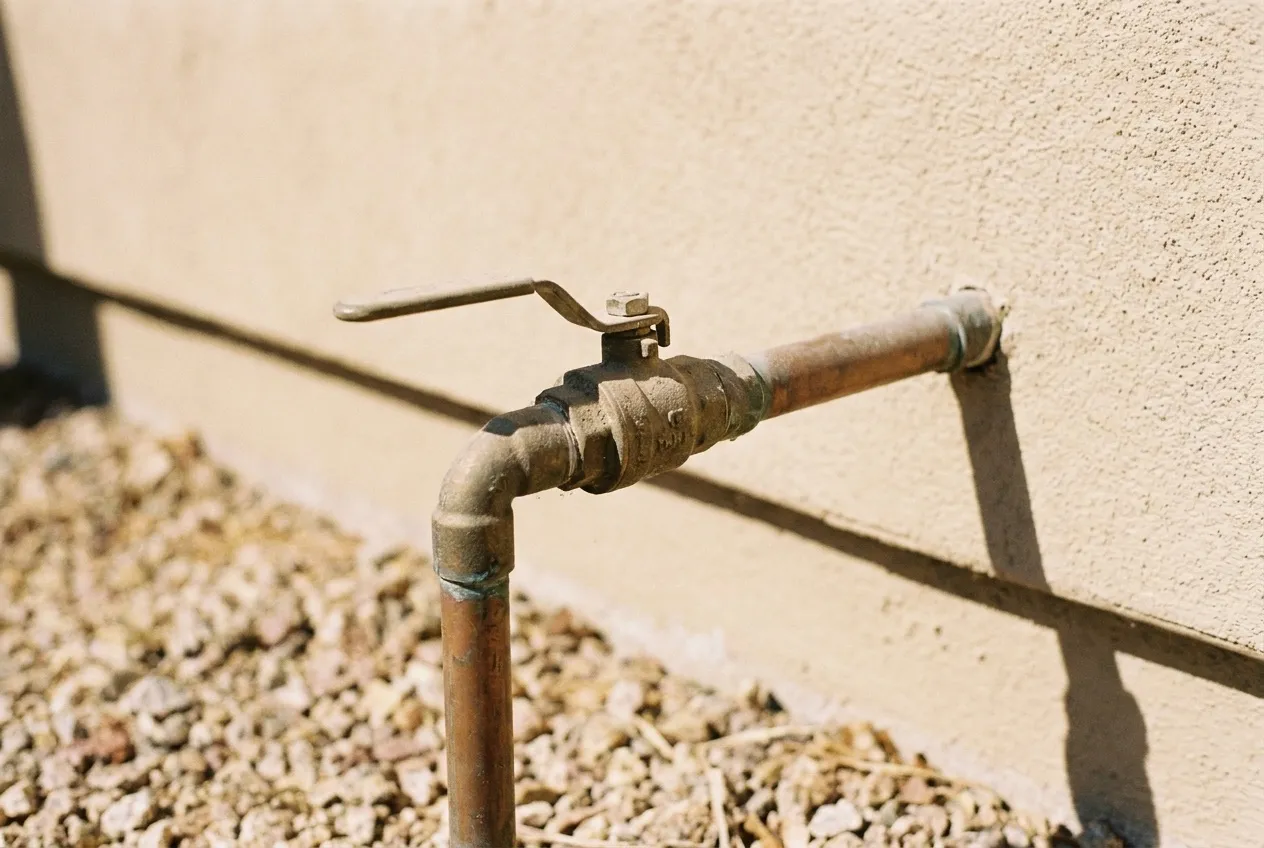 A house shutoff valve sits where the water line rises from the gravel along the stucco wall of a single-story home.