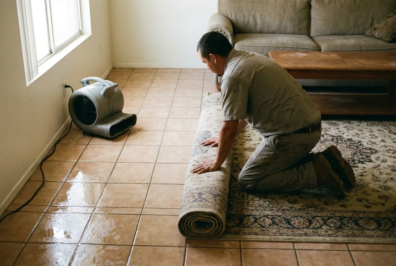A technician rolls up a tenant's area rug from a wet tile floor while an air mover dries the baseboard of a rented house.