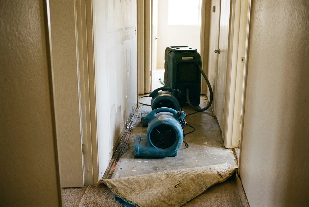 Air movers and a dehumidifier dry the hallway of a rented single-story house where the carpet has been folded back from a wet wall.