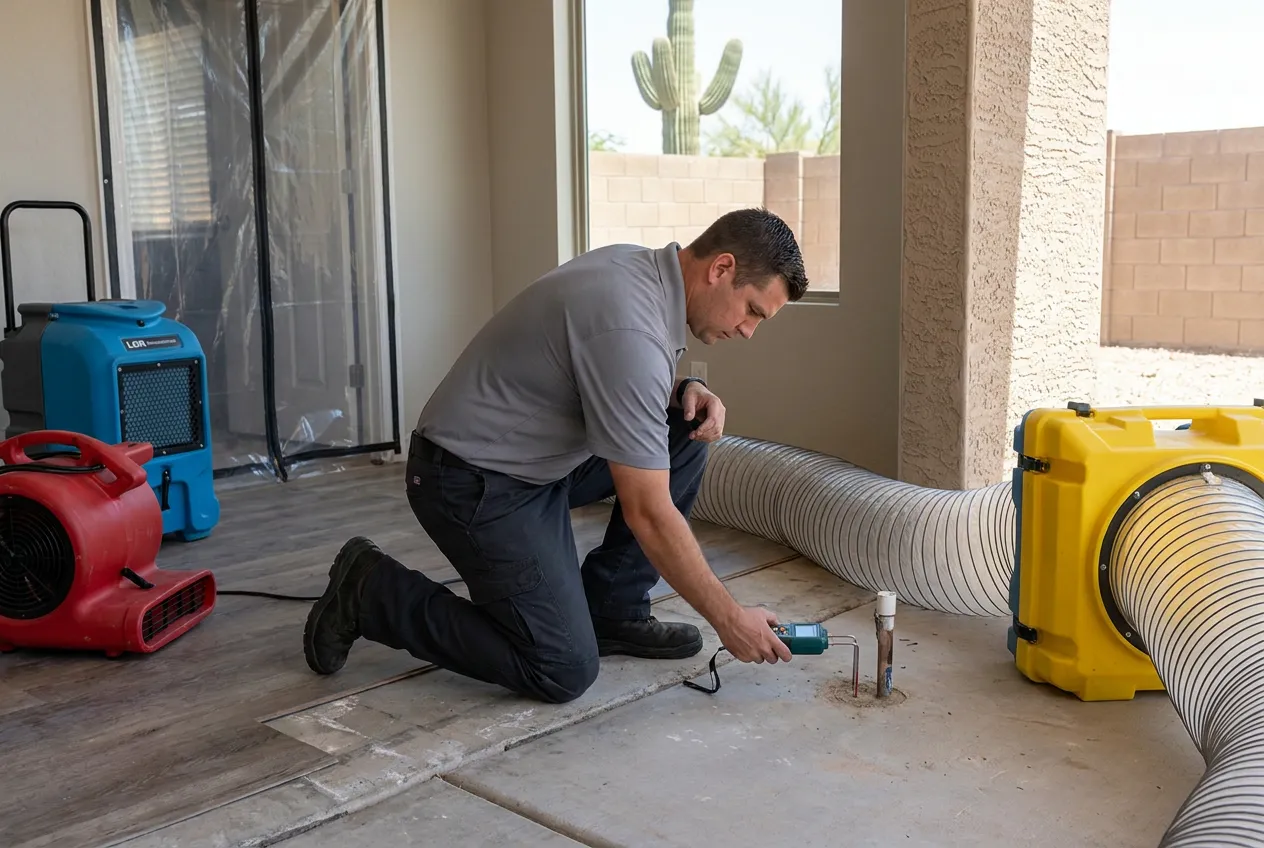 Flooring pulled back at a slab penetration in a newer Laveen home while a technician reads the moisture in the concrete.