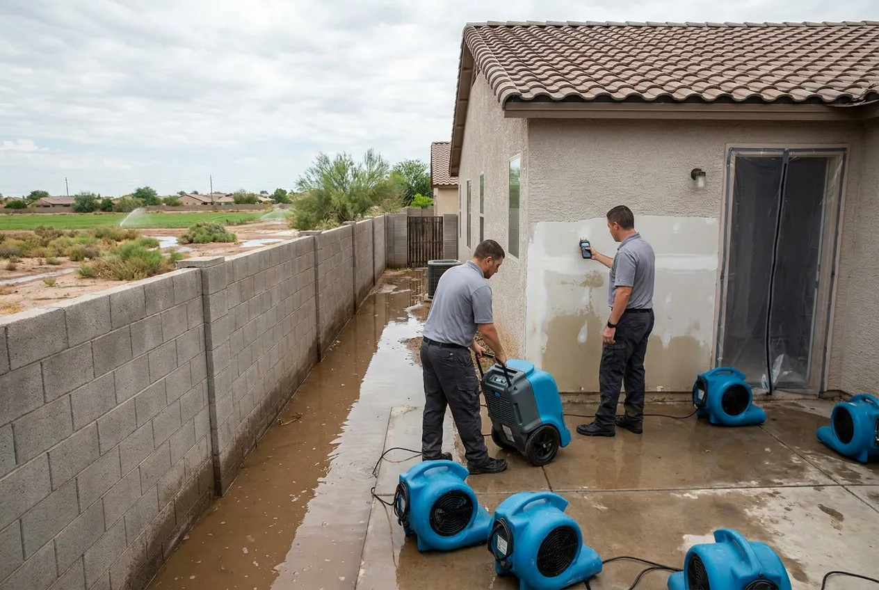 Standing water pools along a block wall between a Laveen subdivision and an open irrigated field after a monsoon storm.