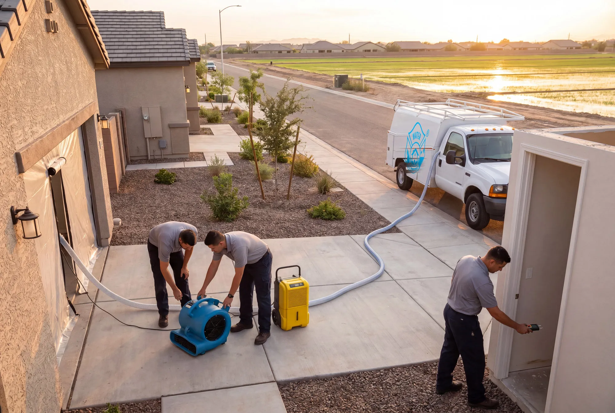 A Water Fighters truck parked on a Laveen street where new rooftops meet an open irrigated field at golden hour.
