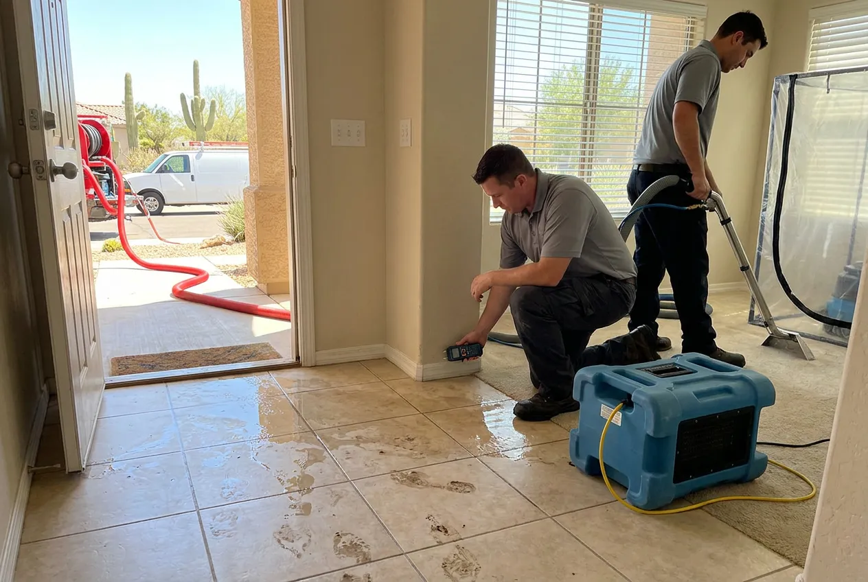 Water spreads across the tiled entry of a Litchfield Park home from the threshold during a flood irrigation turn.
