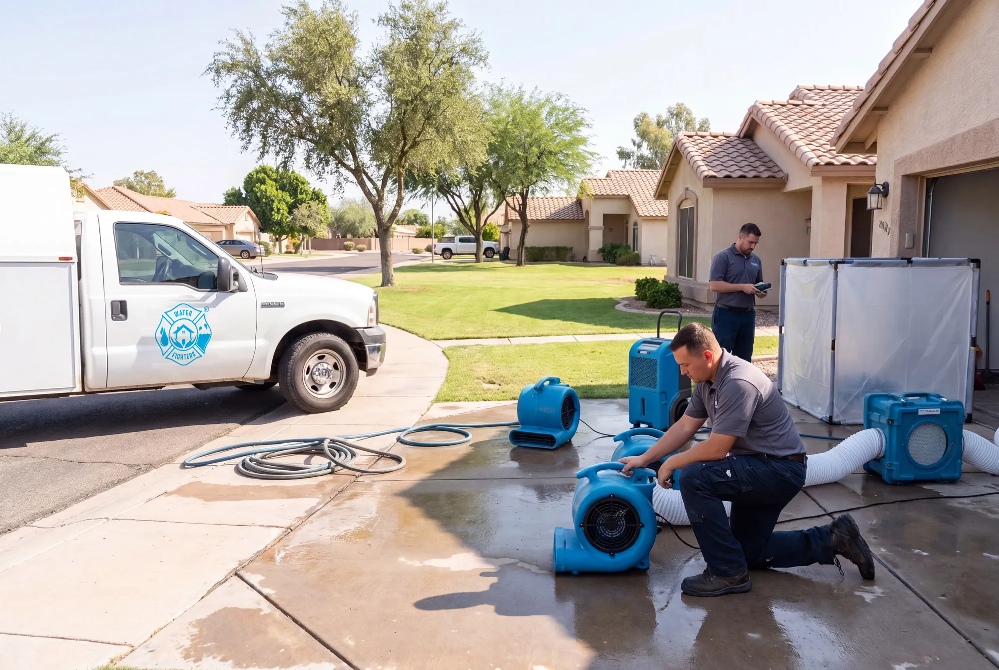 A Water Fighters truck on a Litchfield Park street shaded by mature trees, a low ranch home behind a broad irrigated lawn.