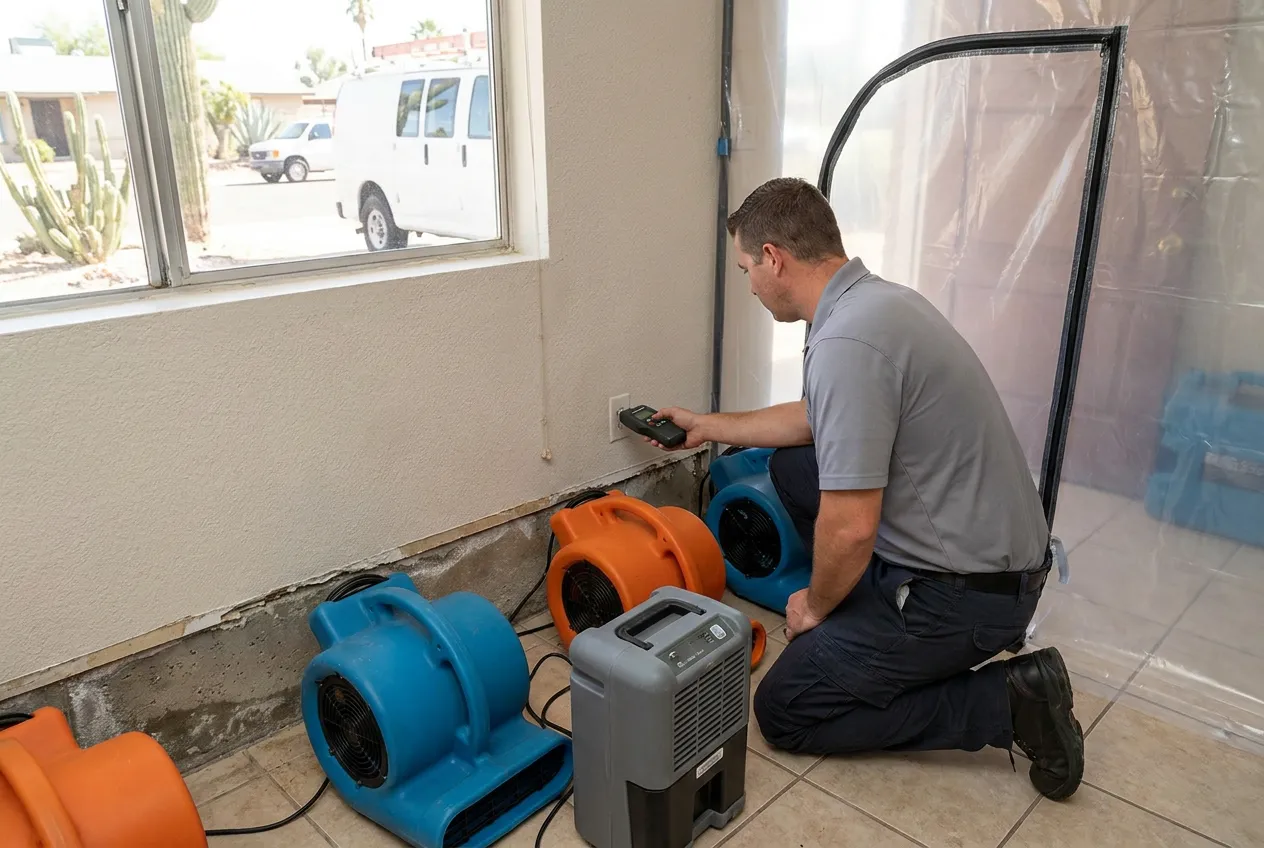 Air movers and a dehumidifier run in a 1960s Maryvale living room with baseboard removed along the wet wall.