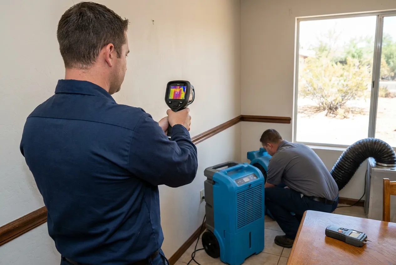 A Water Fighters technician scans a plaster wall with thermal imaging in a mid-century west Mesa home to locate hidden moisture behind original trim.