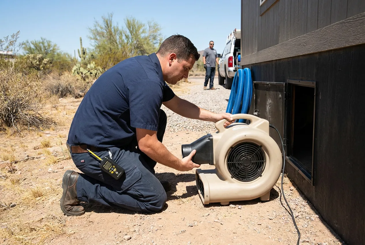 A Water Fighters technician positions an air mover at the underbelly access panel of a Mesa manufactured home during floor-system drying.