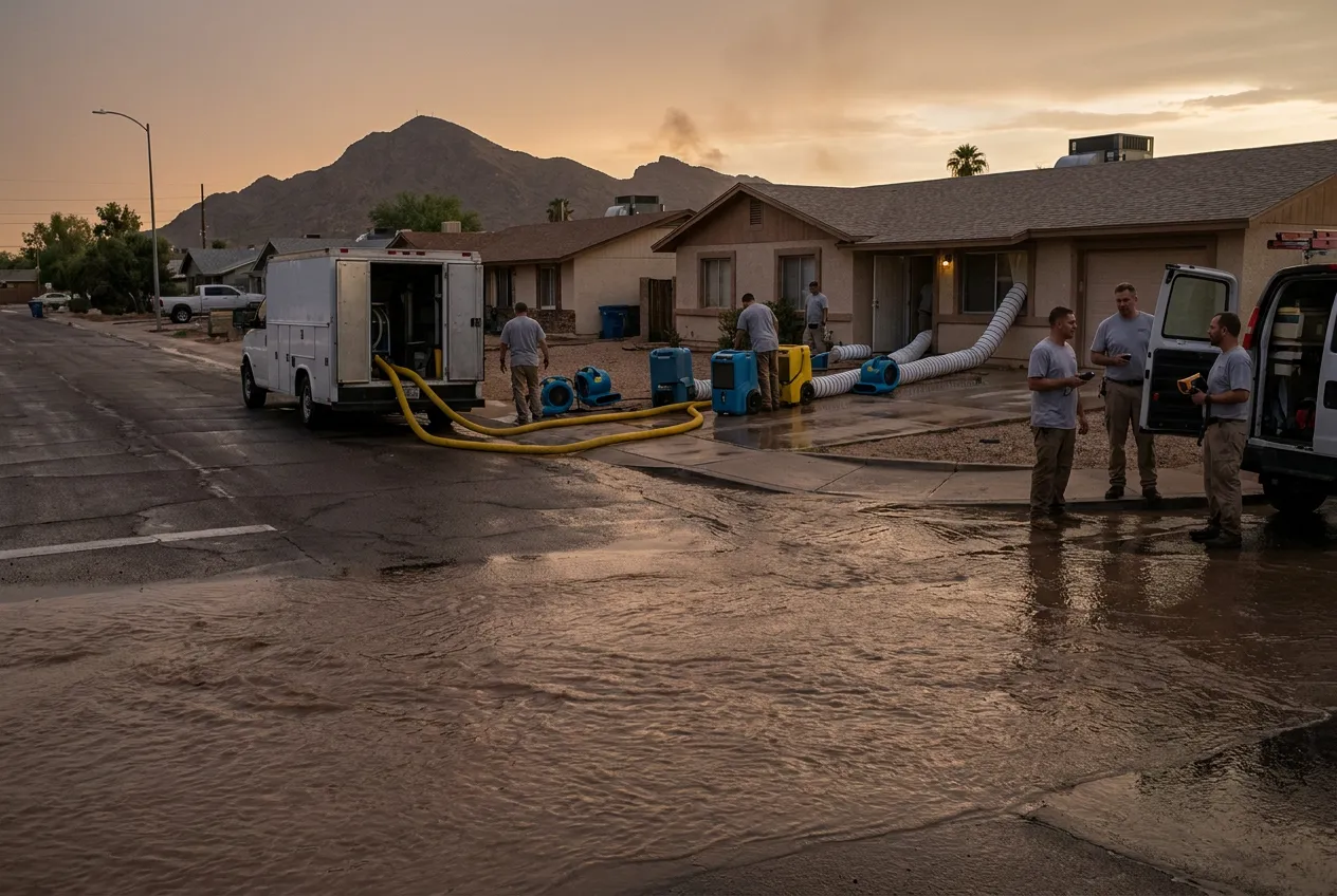 Monsoon runoff sheets across a desert-edge street in northeast Mesa at dusk with Red Mountain visible in the background.