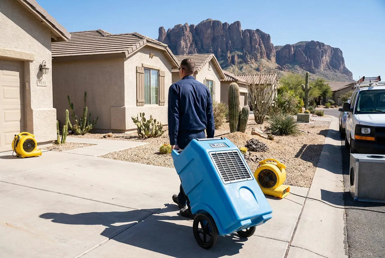A Water Fighters technician wheels a dehumidifier up the driveway of a single-level Mesa retirement-community home with the Superstition Mountains in the distance.