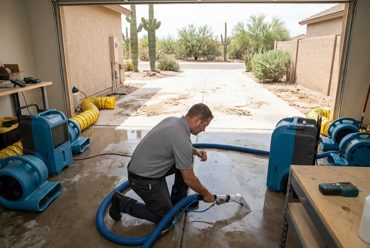 A technician prepares water-extraction equipment at a flooded Mesa garage after desert runoff crossed the driveway.