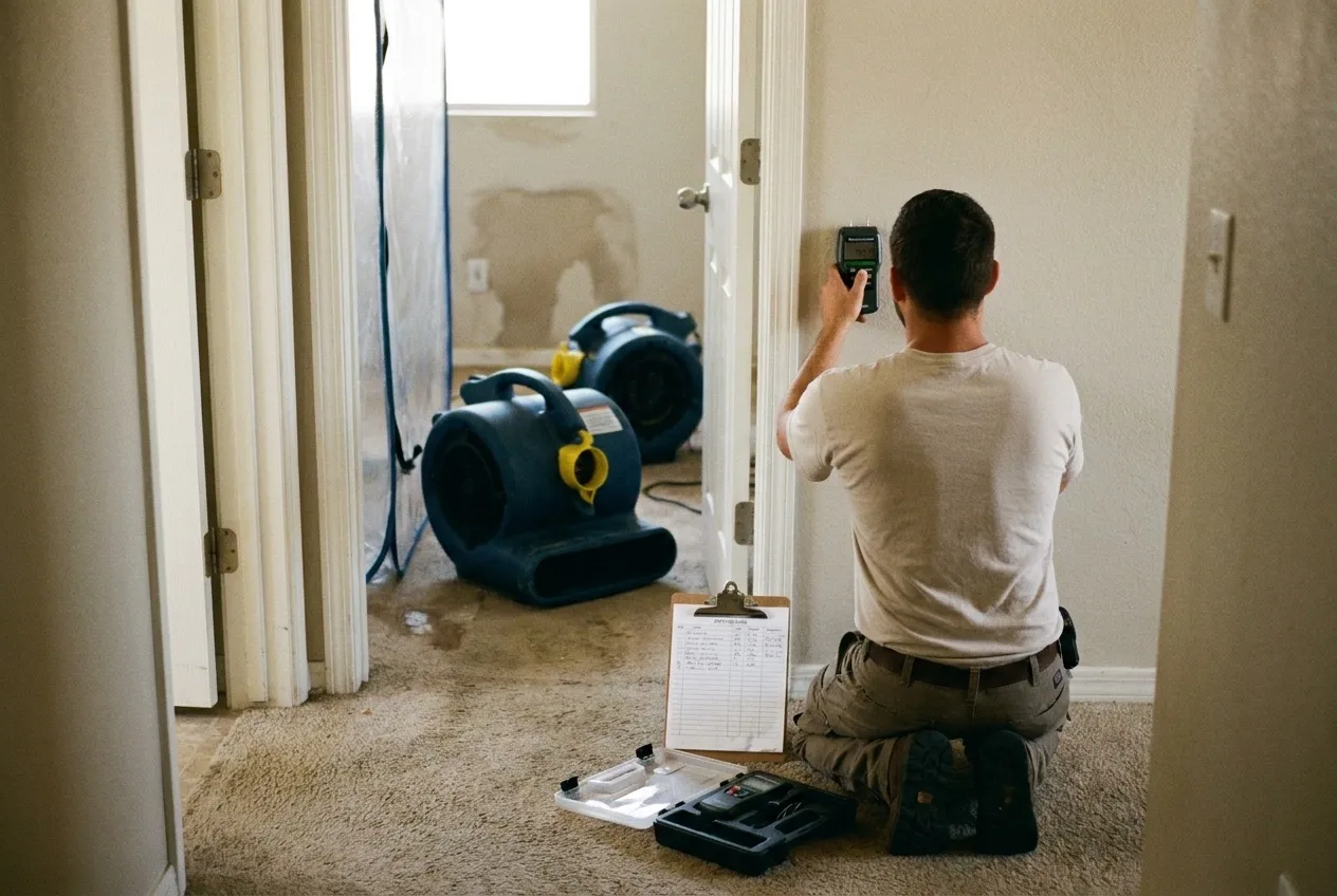 A technician takes a reference reading on a dry hallway wall while drying equipment runs in the wet room beyond the doorway.