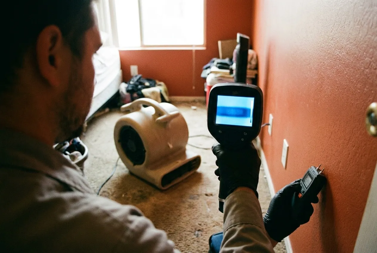A technician checks a cool band on a thermal camera screen against a pin moisture meter reading at the same spot on a bedroom wall.