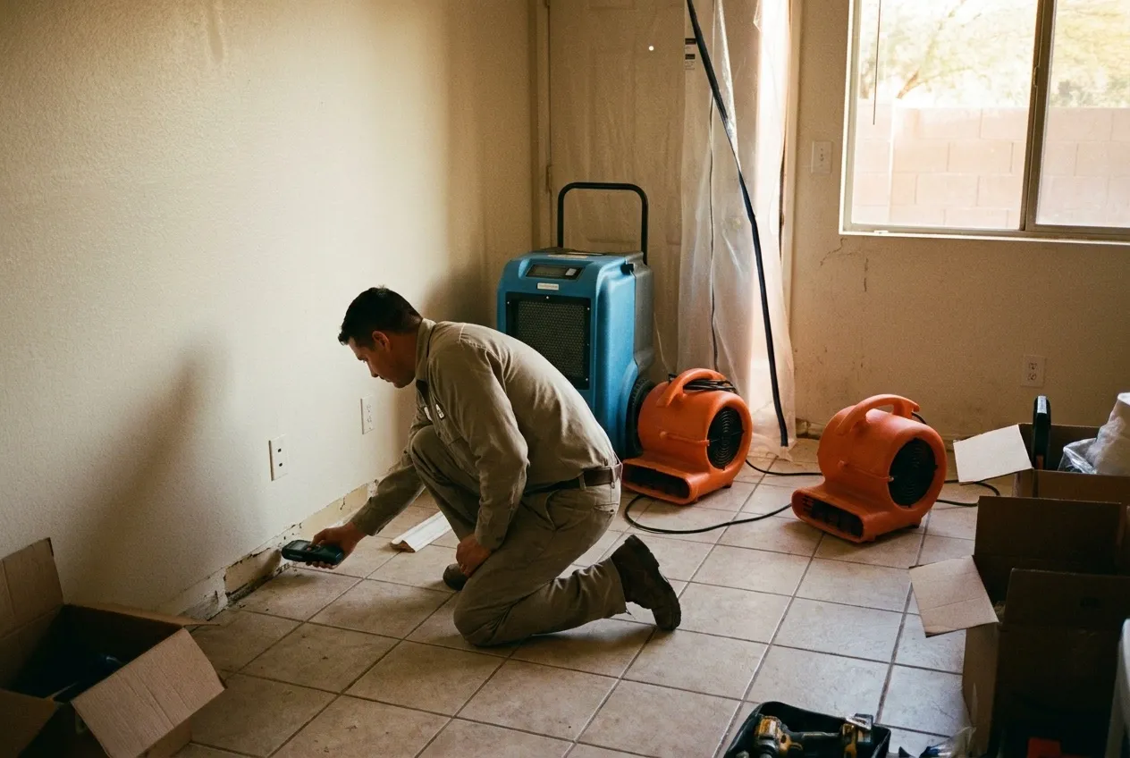 A technician presses a pin moisture meter into the bottom of a living-room wall where the baseboard was removed while a dehumidifier and air movers run behind him.