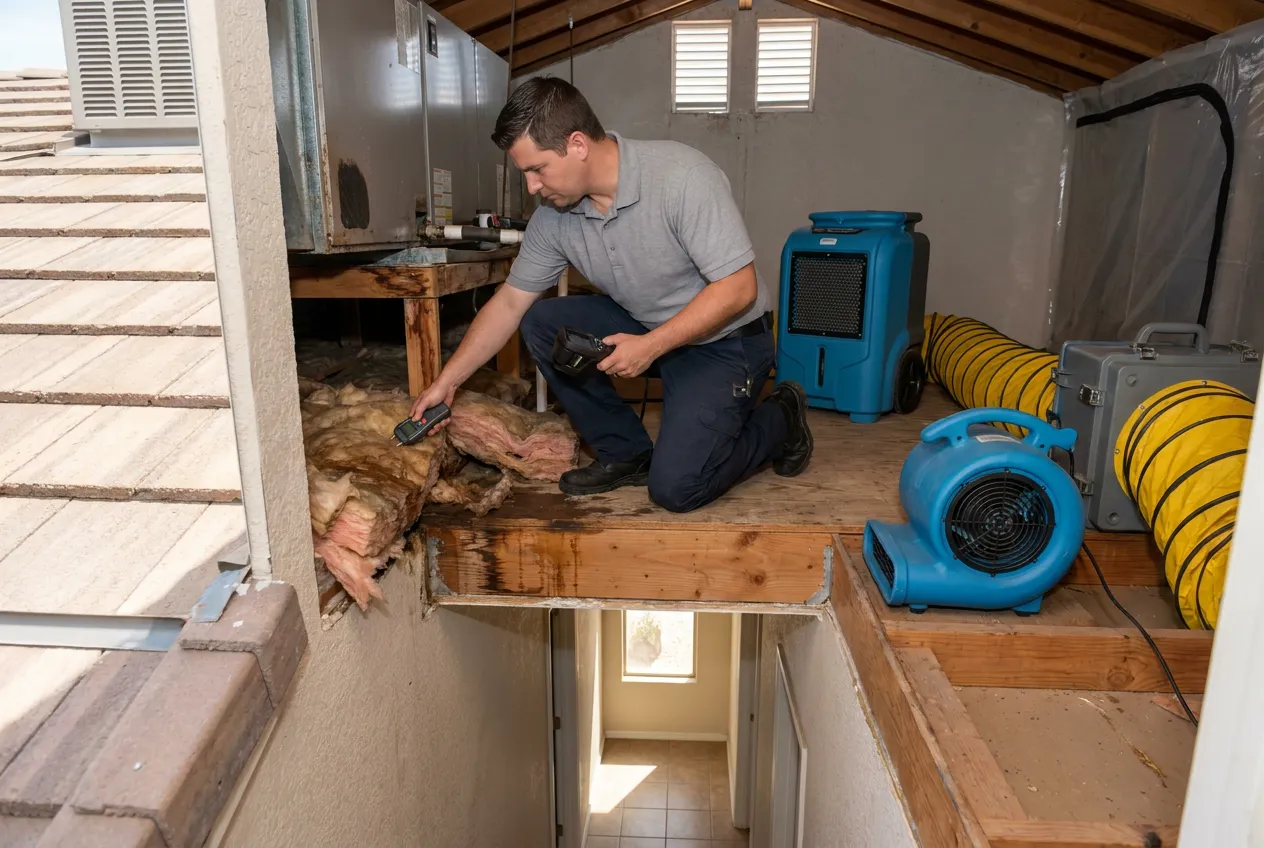 A technician checks attic insulation and framing below an air handler after a condensate overflow in a Phoenix home.