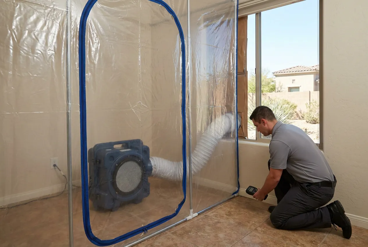 A contained room in a Phoenix home has a zipper doorway and a HEPA air scrubber operating during professional mold remediation.