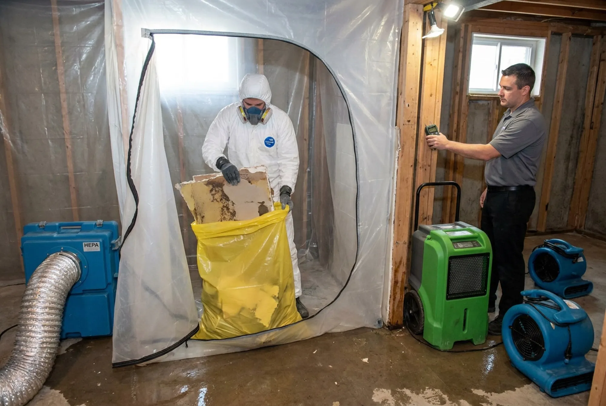 A technician in protective equipment bags contaminated drywall inside a sealed containment zone while a HEPA negative air machine runs ducting through the barrier.