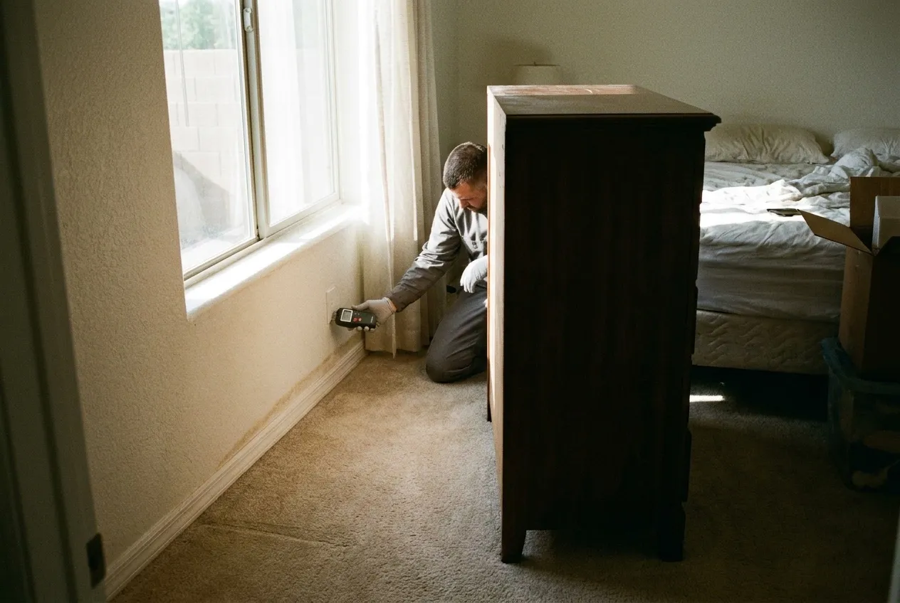 A technician holds a pin moisture meter to the lower wall behind a dresser pulled away from an exterior bedroom wall.