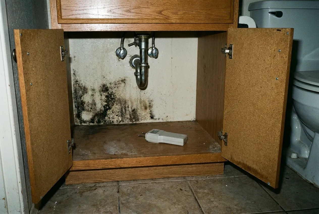 Dark speckled staining on the back panel of an open bathroom vanity sits beside a pin moisture meter on the cabinet floor.
