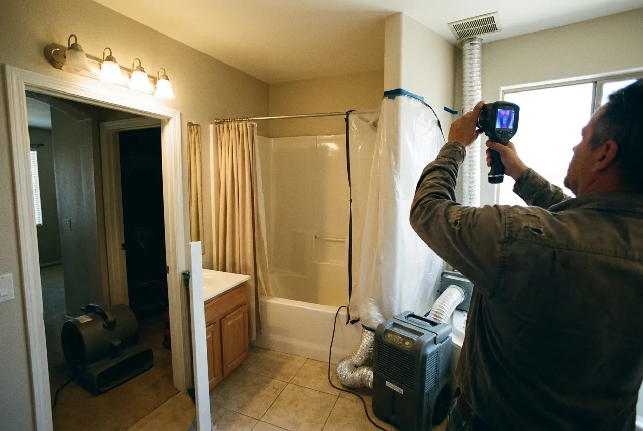 A technician scans a bathroom ceiling beside the exhaust fan with a thermal camera during a mold inspection in a Phoenix home.