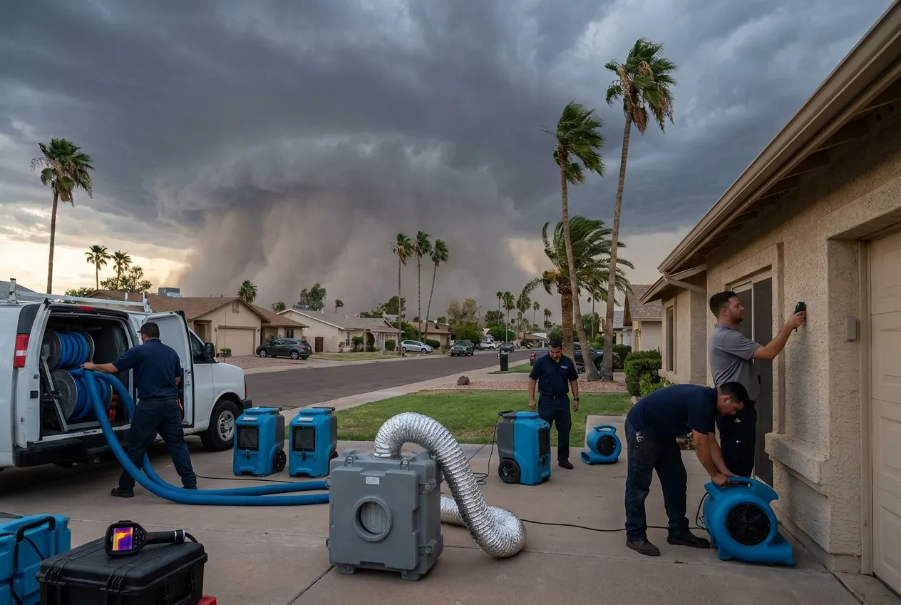 A dark monsoon cell with a dust wall advancing over a Phoenix neighborhood at dusk, palms bending in the outflow wind.