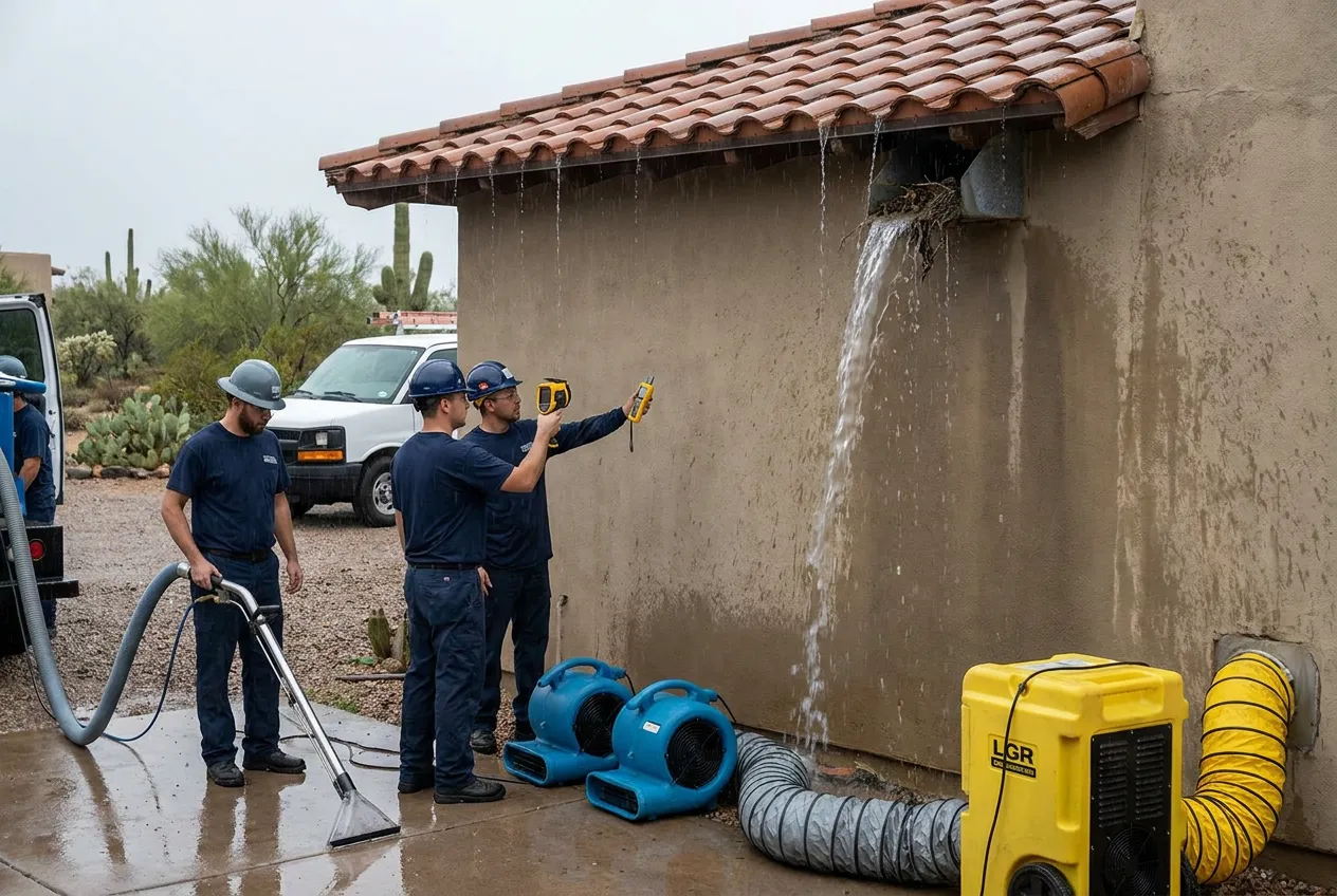 Storm water overflows a debris-blocked scupper on a Phoenix home during a monsoon downpour, sheeting down the stucco wall.