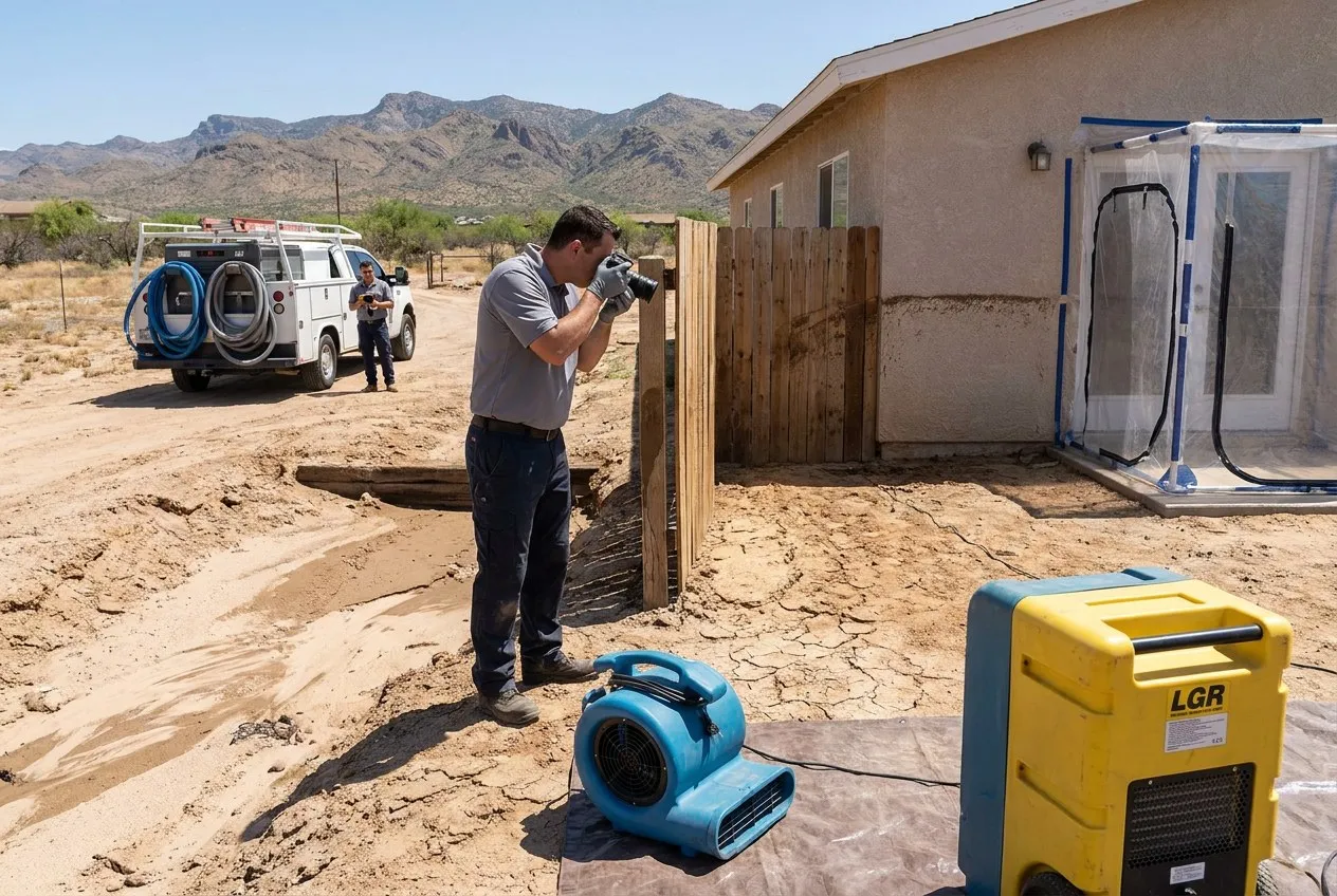 A technician photographs a silt line from dry high ground outside a New River home after seasonal wash flow recedes.