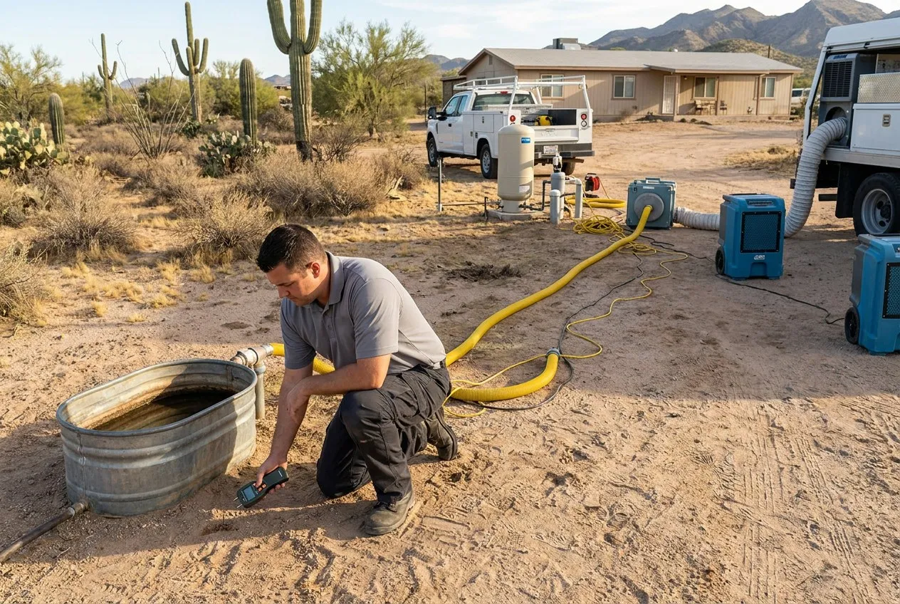A technician traces a private water line between a stock-waterer, pressure tank, and New River acreage home.