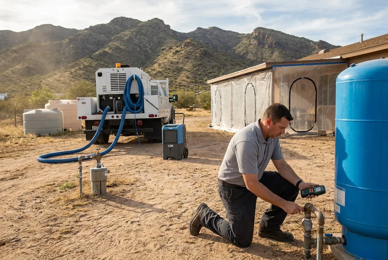 A restoration technician checks a pressure tank and private supply line at a New River acreage home below Daisy Mountain.