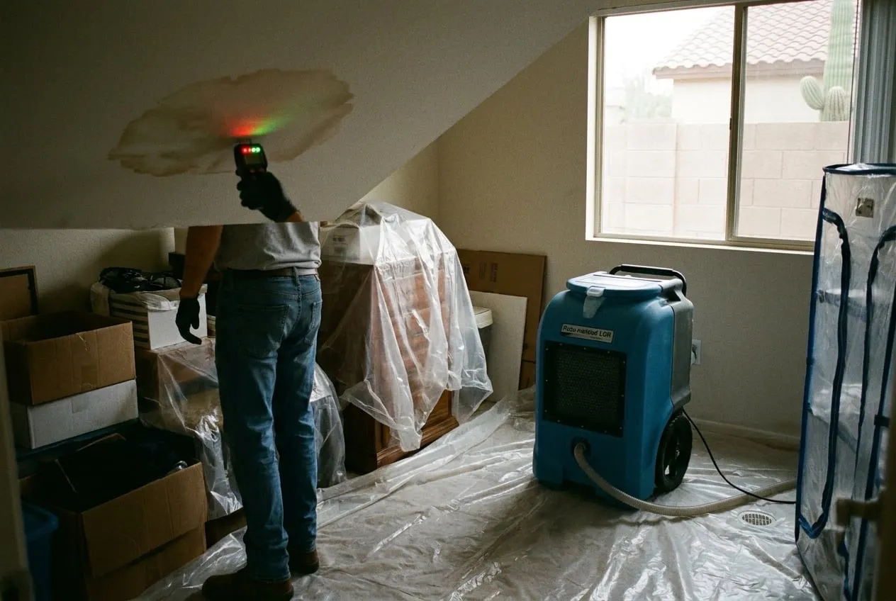 A technician presses a moisture meter to a stained bedroom ceiling in a two-story townhome below a rooftop deck.