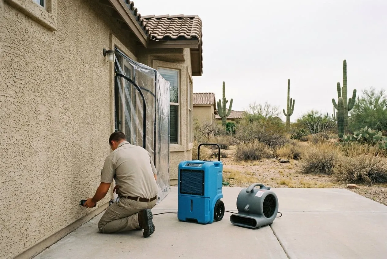 A restoration technician checks the base of a back-yard wall with a moisture meter at a Norterra home that backs onto open Sonoran Preserve desert.