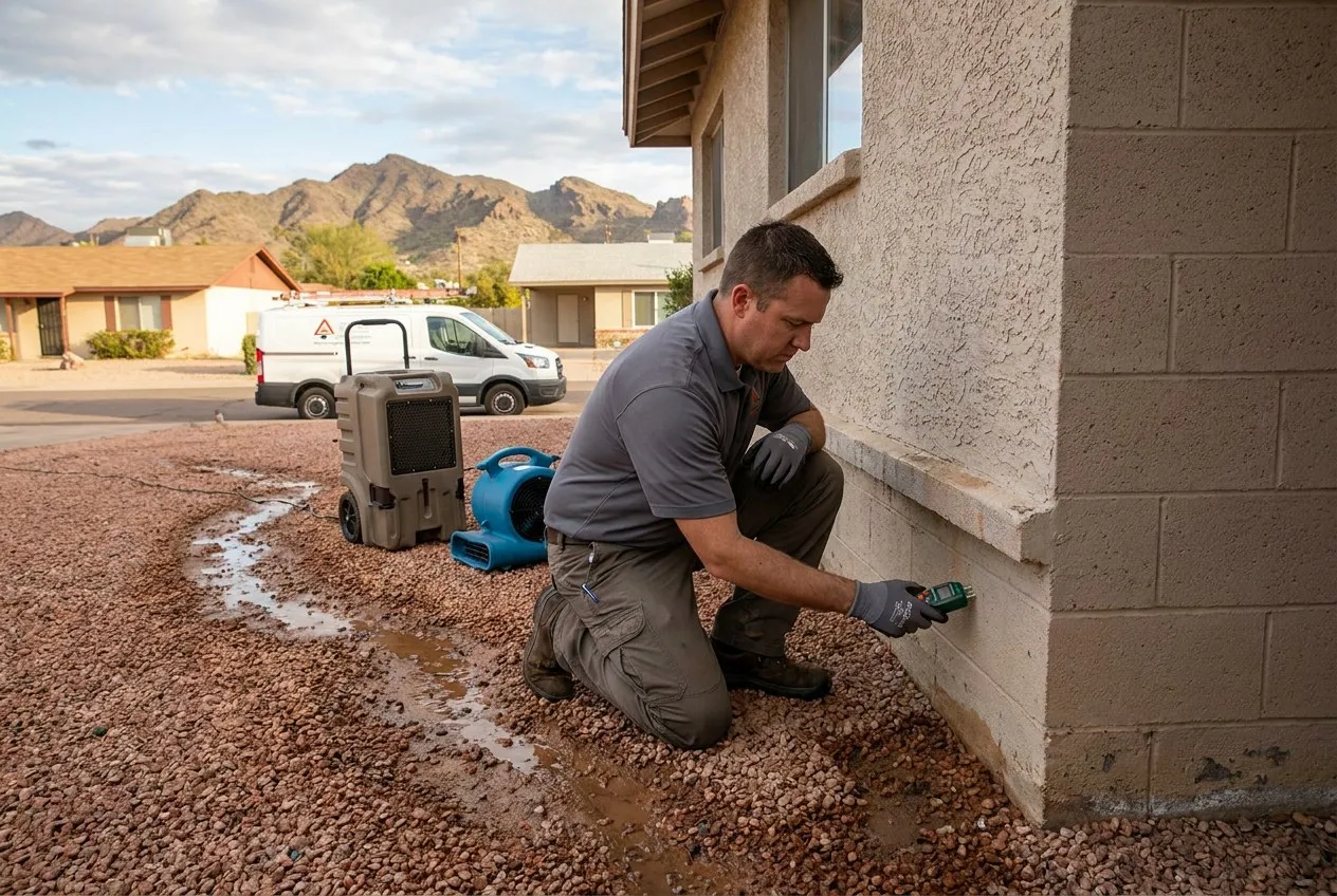 A technician inspects a North Phoenix patio wall after mountain runoff crossed the lot near the preserve edge.