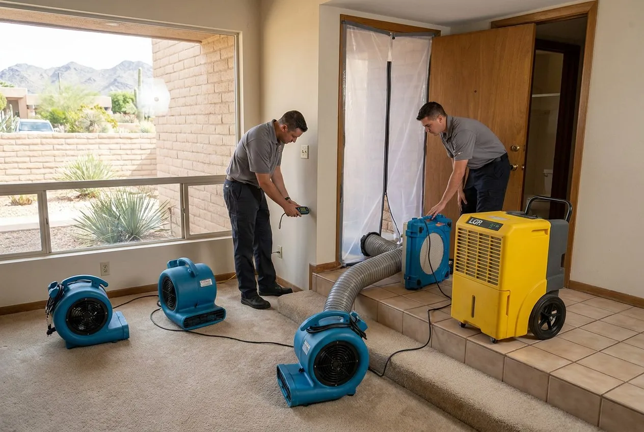Drying equipment is arranged at the step between a sunken living room and hallway inside a North Phoenix home.