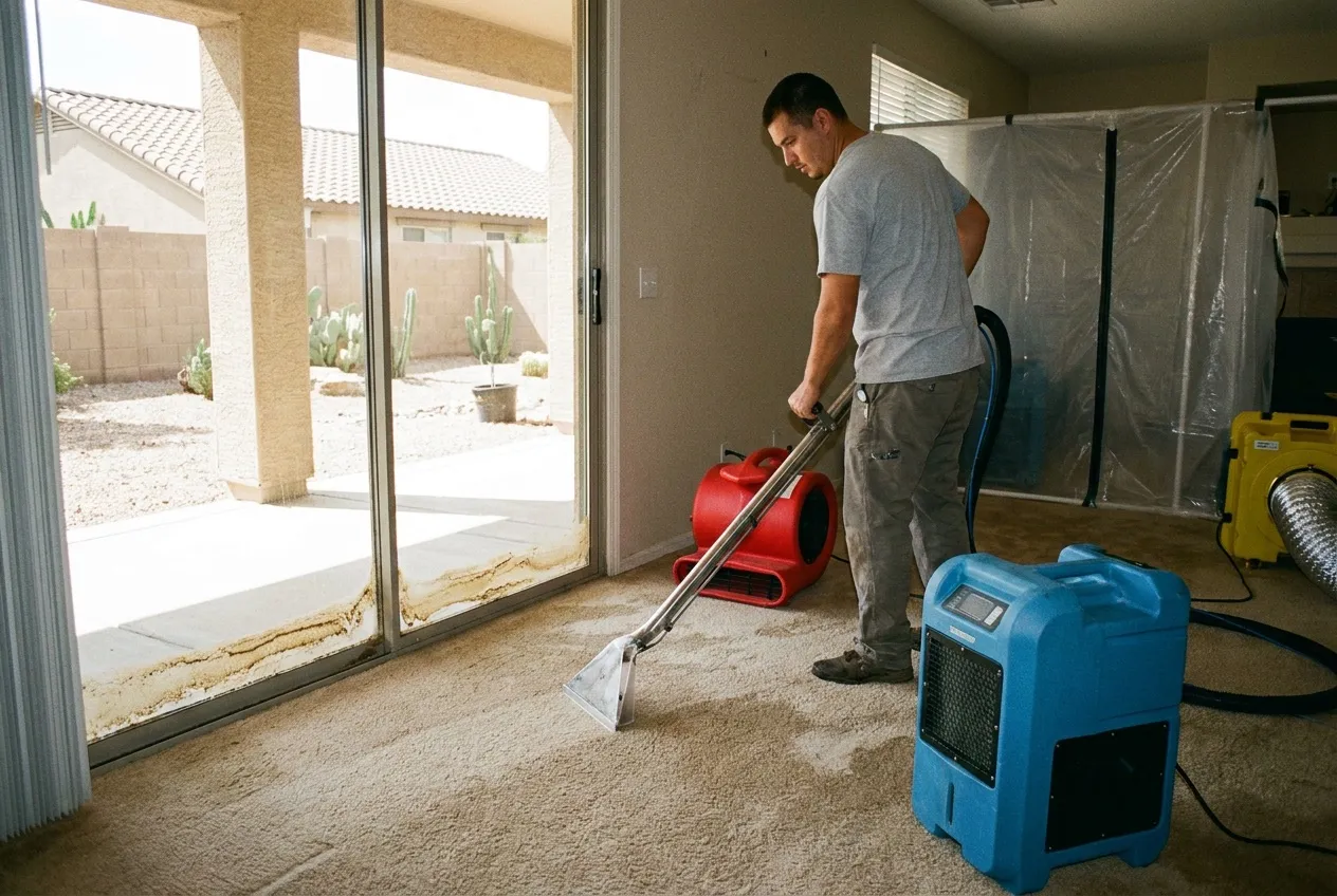 A technician runs an extraction wand across wet carpet in a north Phoenix family room while tan silt still lines the patio door track.