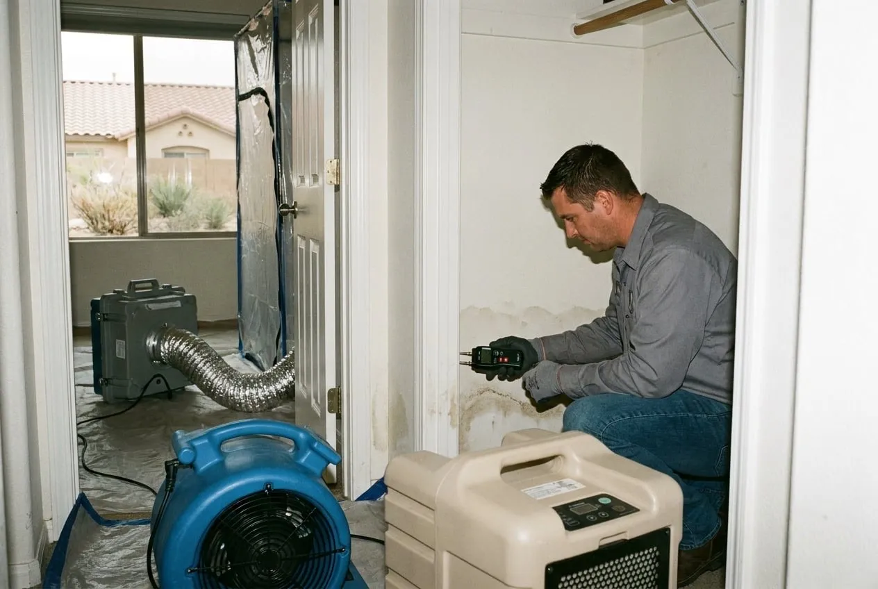 A technician holds a moisture meter against the lower wall of a hall closet in a north Phoenix home.