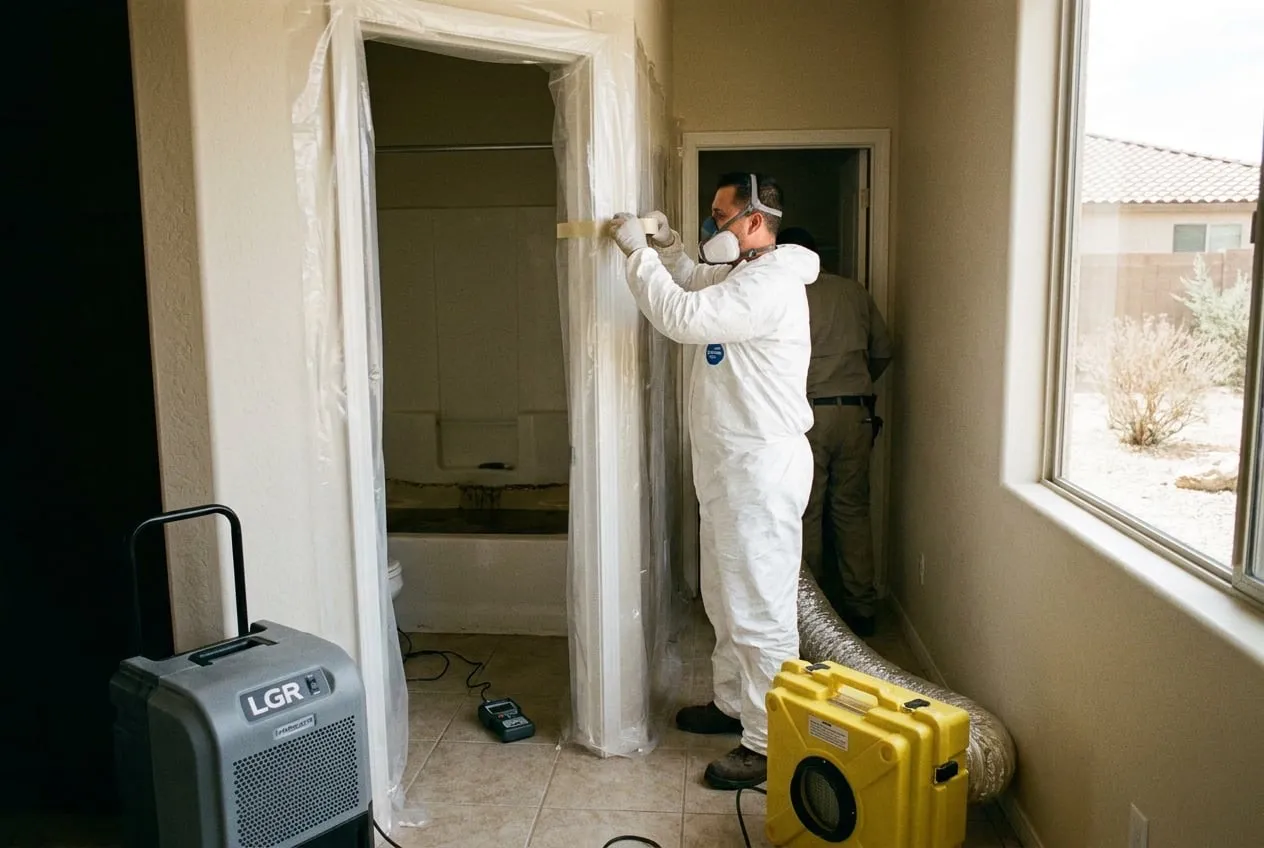 A technician in protective gear seals off a hall bathroom where sewage backed up into the tub of a north Phoenix home.