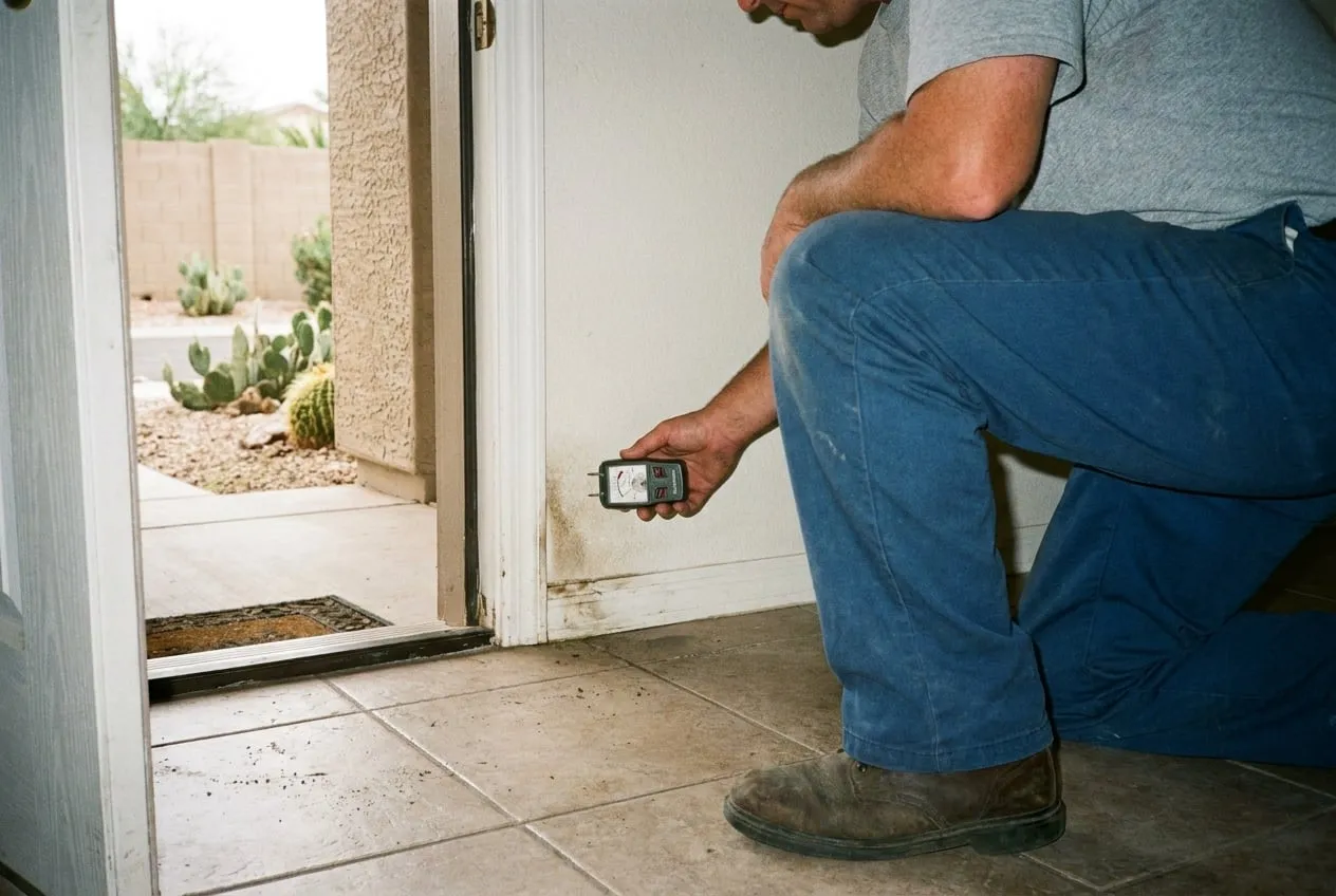 A technician presses a moisture meter against a damp baseboard beside the front entry of a north Phoenix stucco home.