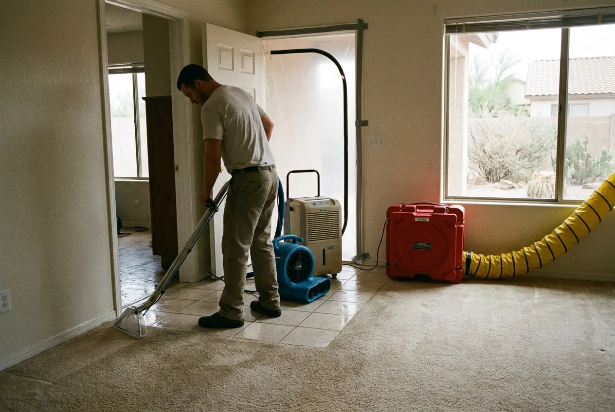 A technician runs an extraction wand along the baseboard of a tiled north Phoenix living room where water has spread toward the bedroom carpet.
