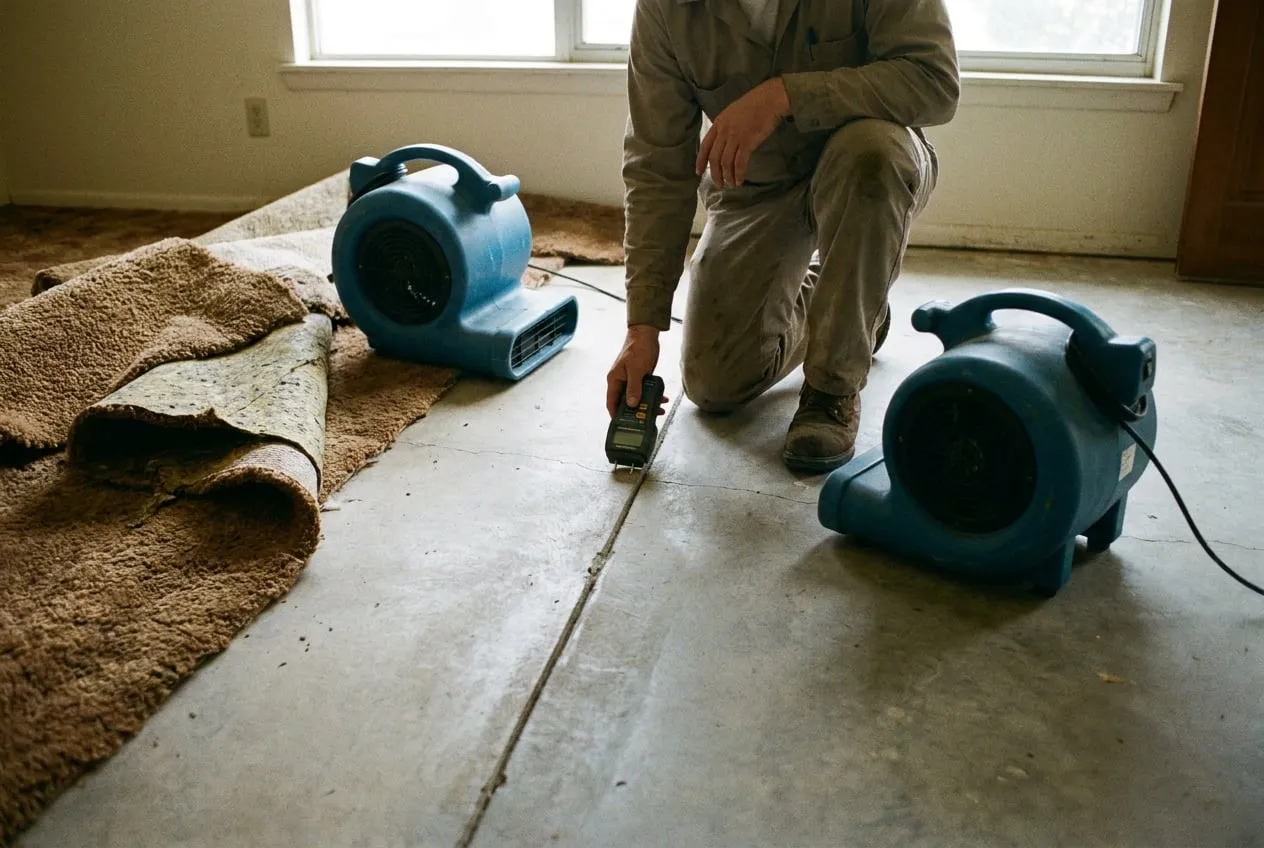 A technician takes moisture readings along the joint where a home's original slab meets a later room addition in northeast Phoenix.