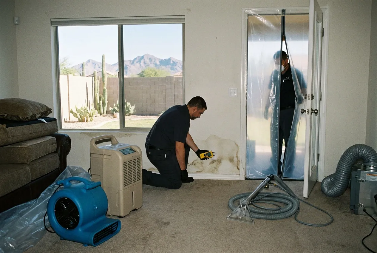 A restoration technician holds a moisture meter to the base of a living-room wall in a single-story northeast Phoenix home, with the Phoenix Mountains visible through the back window.