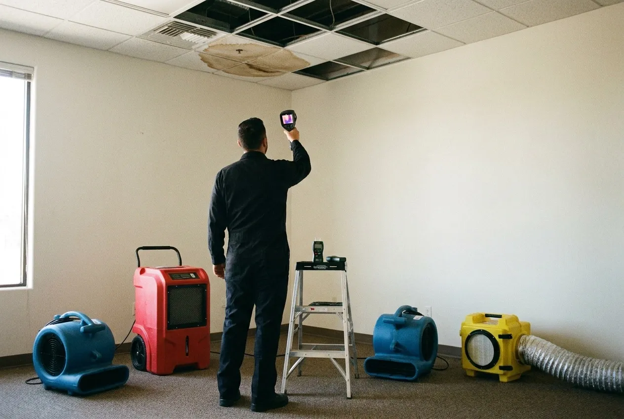 A technician scans a stained ceiling grid with a thermal camera in a vacant north Phoenix office suite.