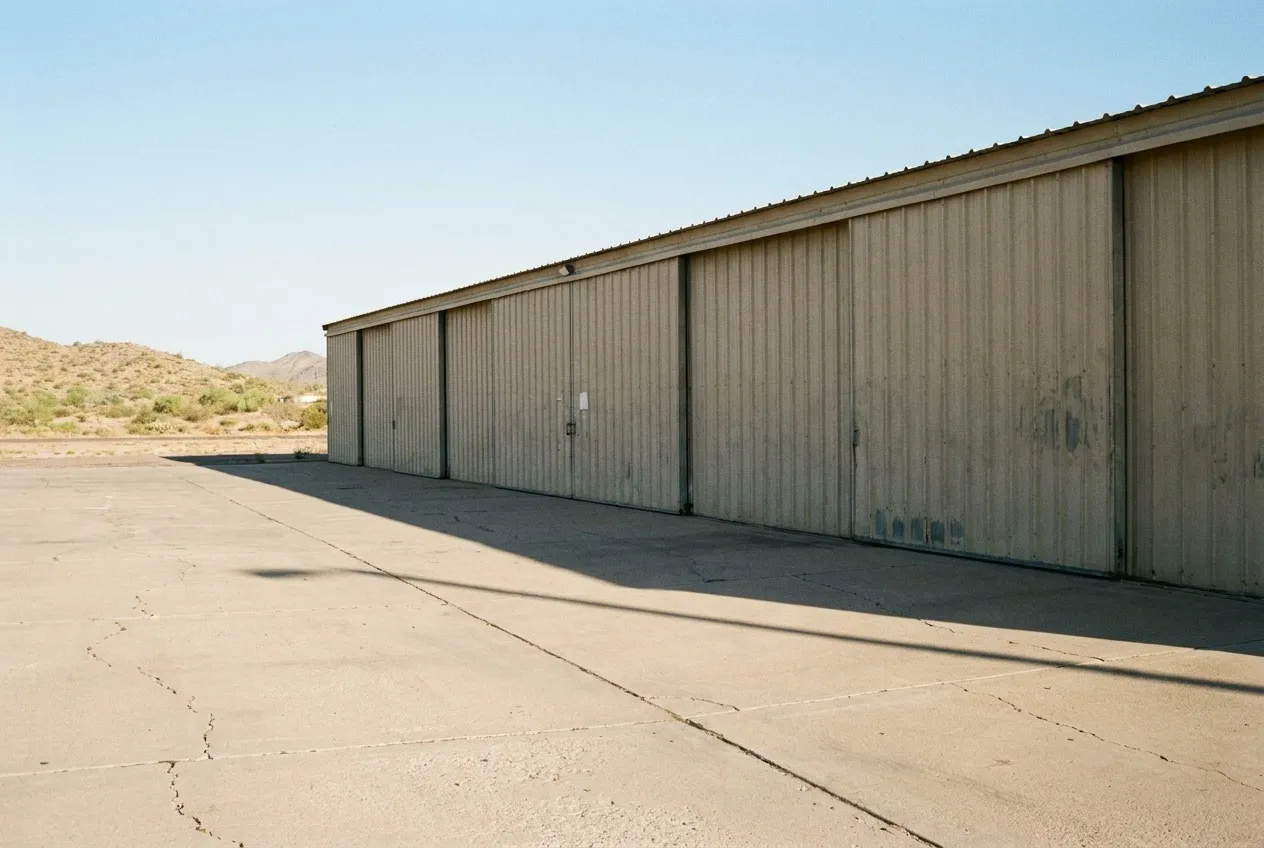 A row of closed hangar doors in early morning light at a general-aviation airport in north Phoenix.
