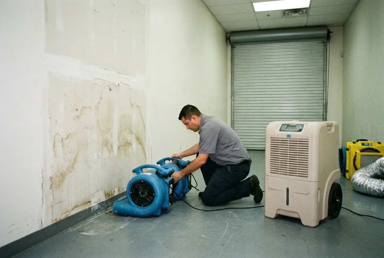 A technician sets an air mover and a dehumidifier along a water-stained office wall in a north Phoenix flex-industrial suite.