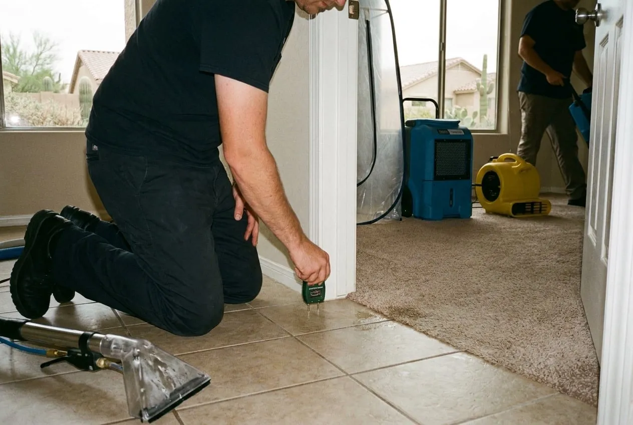 A technician checks the carpet edge with a moisture meter where tile meets bedroom carpet in a Stetson Valley home.
