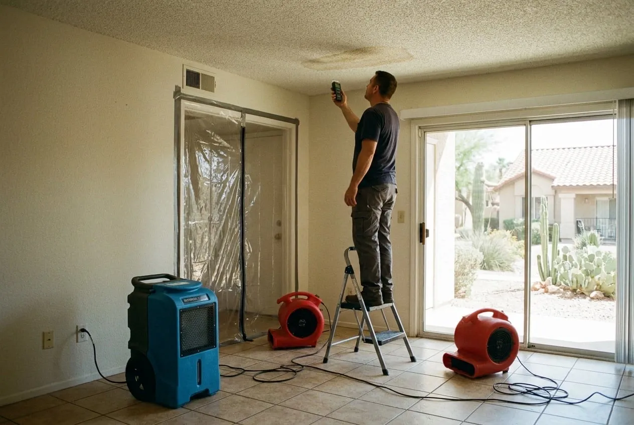 A technician checks a wet ceiling in a downstairs condo unit while a dehumidifier runs on the floor below.